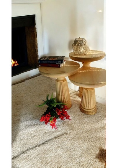 Wood Wooden 3 Lü Set Mantar Yan Sehpa Modern Naturel Renk Fiskos