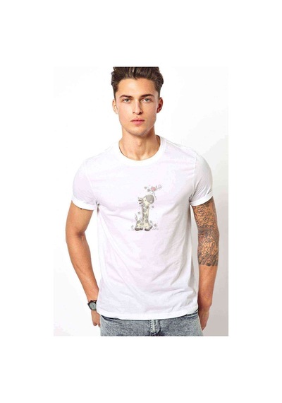 Sevimli Zürafa Baskılı Beyaz Erkek Tshirt