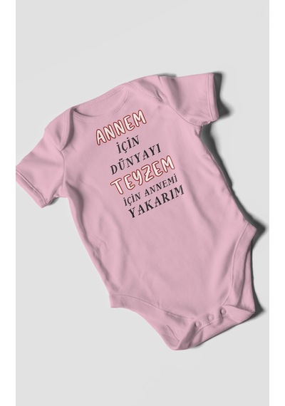Annem İçin Dünyayı Teyzem İçin Annemi Yakarım Baskılı Bebek Zıbını %100 Pamuk Kısa Kol Koyu Pembe