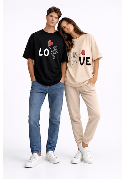 Sevgili Kombini Love Baskılı Çift Tişört Oversize Unisex Partner Siyah-bej