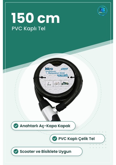 Motosiklet Kilidi Çelik Tel 24 Mm X 150 Cm Anahtarlı Pvc Kaplı Sc