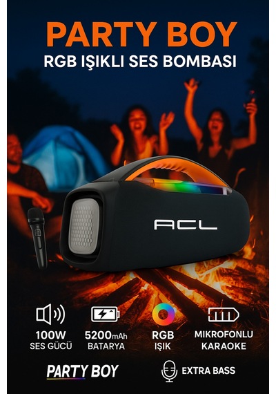 Box Party Boy Rgb Işıklı Ses Bombası Mikrofonlu Hoparlör Ses Bombası Müzik Çalar Extra Bass Ct-5825