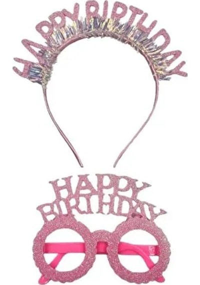Pembe Happy Birthday Simli Doğum Günü Taç Ve Gözlük Seti 2 Li Parti Aksesuarı Fotoğraf Konsepti