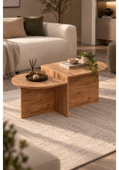 Sulorahome Kademeli Oval Orta Sehpa Kahverengi Atlantik Çam Desenli