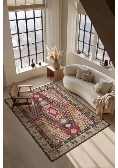 Mihrimah 502 Renkli Etnik Halı Vintage Halı Yıkanabilir İnce Dokuma Salon Ev Oturma Odası Halısı