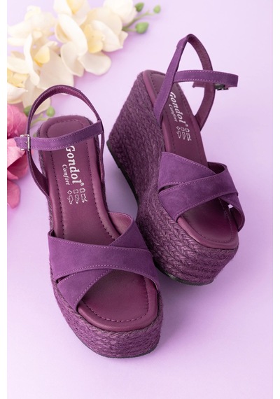 Gondol Kadın Hakiki Deri Dolgu Topuk Platform Sandalet Ell.5044 Mor