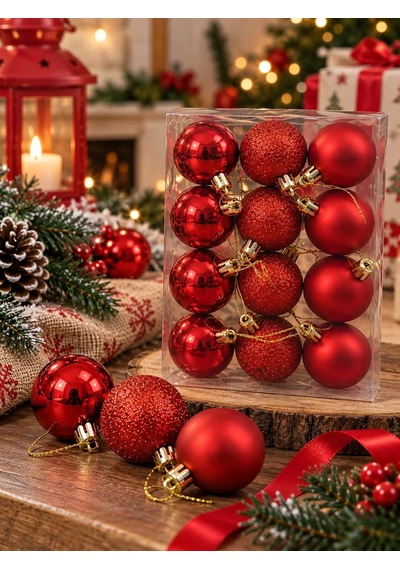 Ers 12'li Set 4 Cm Kırımızı Yılbaşı Ağacı Süsü Mat, Simli Ve Parlak Karışık Çam Ağacı Topu Noel Süsü Diğer