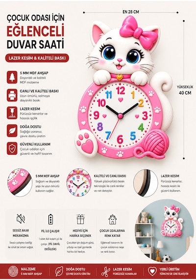 Sevimli Kedili Çocuk Odası Okul Kreş Duvar Saati 5 Mm Mdf Ahşap Lazer Kesim Renkli Dekoratif Saat