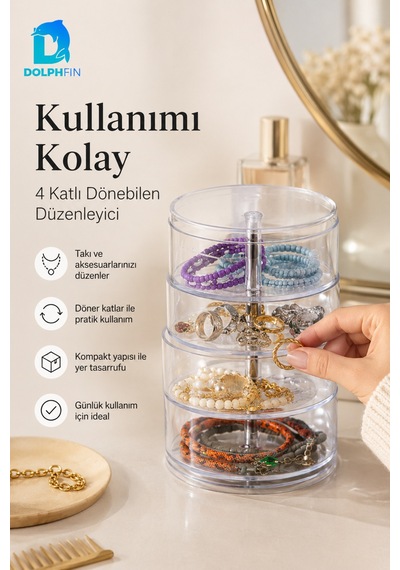 Şeffaf Kulak Çubuğu Kutusu Kapaklı Pamukluk Ve Banyo Organizeri 4 Katlı Silindir Takı Ve Makyaj Organizer