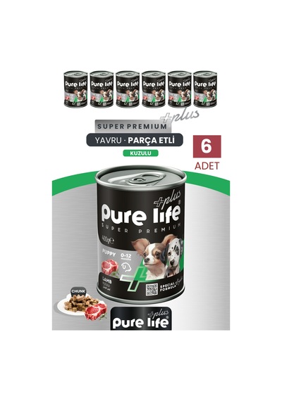Purelife Plus 6'lı Kuzulu Yavru Puppy Köpek Konserve Chunk Parça Etli Yaş Mama 400 G