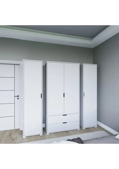 Duru Mat Beyaz 4 Kapılı 2 Çekmeceli Elbise Dolabı - Gardırop Seti Beyaz