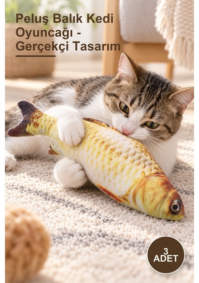 3 Adet Peluş Balık Kedi Oyuncağı - Gerçekçi Tasarım