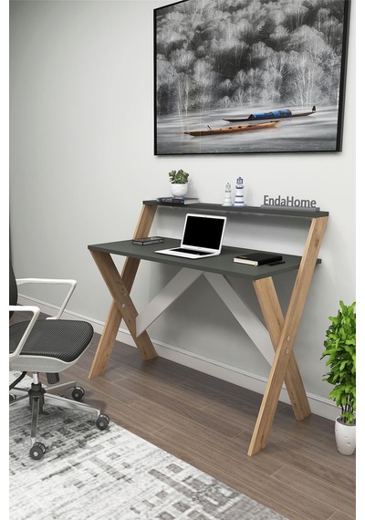 Enda Home X Ayaklı Raflı Ders Çalışma Masası 50x90 Cm Antrasit - Çam Atlantik Çam - Antrasit