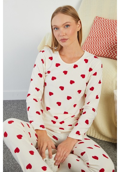 Fullamoda Kalp Desenli Bisiklet Yaka Süet Pijama Takımı Ekru