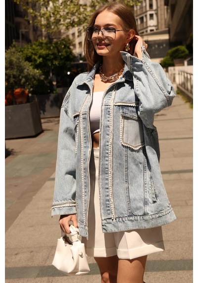 Femelle Kadın Mavi İnci Taş İşlemeli Denim Oversize Kot Ceket