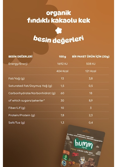 Hummorganic Organik Glutensiz Vegan Kakaolu ve Fındıklı Kek Atıştırmalık Paketi - 3 adet
