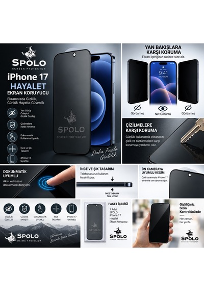 Spolo Apple iPhone Uyumlu  17 Hayalet Ekran Koruyucu Gizlilik Camı Yan Görüş Önleyici Ekran Koruma