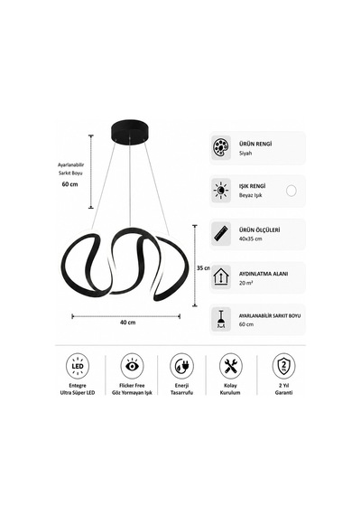 Lumina Led Sarkıt Avize Beyaz Işık Siyah