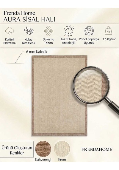 Aura Vizon Çerçeveli Bej Sisal Dokuma Kolay Temizlenebilen Mutfak Salon Koridor Ve Balkon Halısı