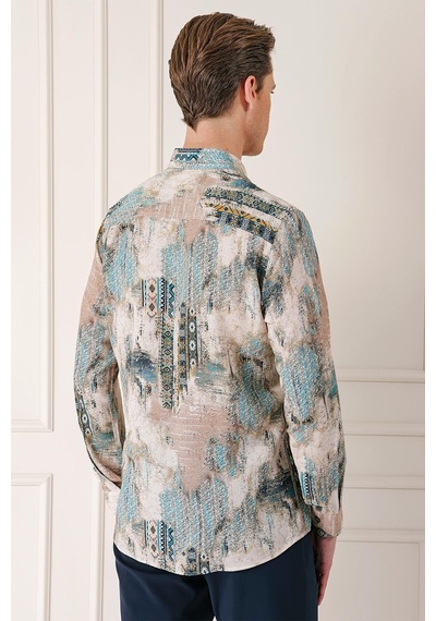 Efor Comfort Fit Düğmeli Yaka Batik Desenli Pamuk Mint Gömlek G 1566 Mint