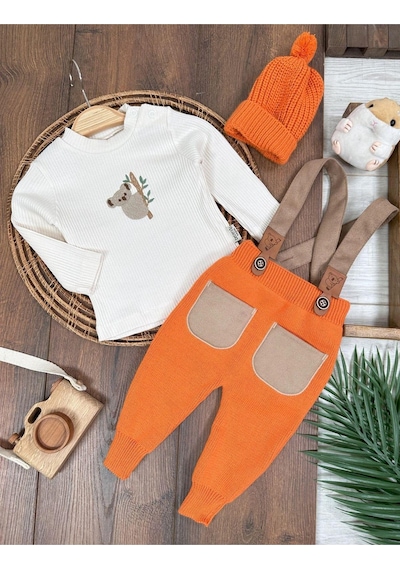Tiwitibaby Triko Çapraz Askılı Salopet Koala Figürlü Esnek Kaşkorse Badi Bereli Unisex Bebek Takım Turuncu