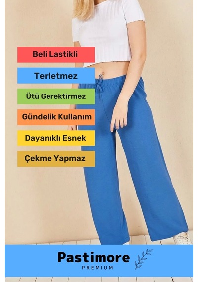 Terletmez Rahat Kalıp Beli Lastikli Bol Paça Salaş Yazlık Kadın Mavi Aerobin Pantolon Mavi