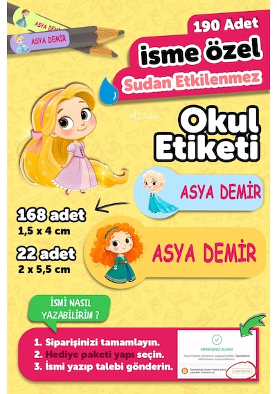 Okul Etiketi Kalem Defter İsimli Etiket Isim Yazılabilen Sevimli Prensesler - 190 Adet Özel Tasarım Çok Renkli