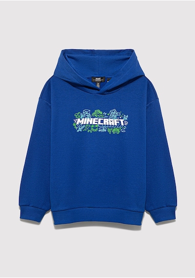 Mavi - Minecraft Baskılı Kapüşonlu Mavi Sweatshirt 6s10180-70907 Mavi