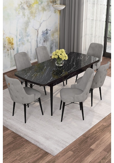 Mona Siyah Mermer Desen 80x132 Açılabilir Mdf Masa Yemek Odası Takımı, Mutfak Takımı 6 Adet Sandalye Siyah Mermer - 6 Gri - Siyah Ayak Mona Siyah Mermer Desen 80x132 Açılabilir Mdf Masa Yemek Odası Takımı, Mutfak Takımı 6 Adet Sandalye Siyah Mermer - 6 Gri - Siyah Ayak