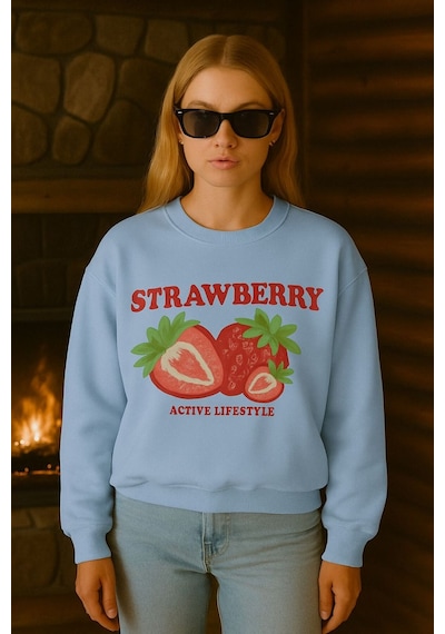 Benroma 3 İplik Penye Strawberry Baskılı Unisex Sweatshırt Bebe Mavisi