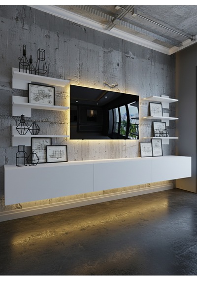 Resital Duvara Monte Ledli 270 Cm Tv Ünitesi Duvar Raflı - Ll6043 Beyaz