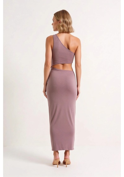Benerly Kadın Tek Omuz Bodycon Midi Plaj Elbisesi Döküm Aksesuar Detaylı Vizon