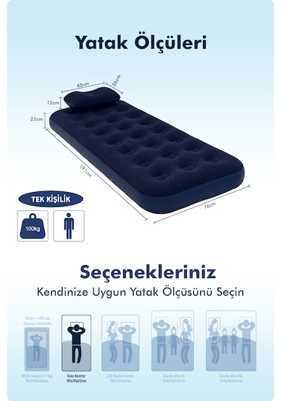 Livenzi Tek Kişilik Şişme Yatak Yastık + Manuel Şişirme Pompası 191 76 22 Cm Lacivert