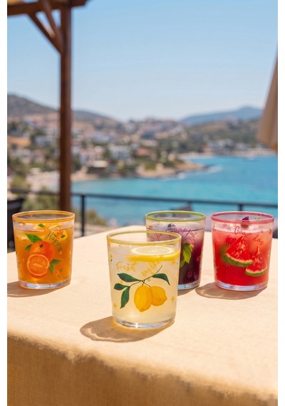 Juicy Meyve Desenli 4'lü Su Bardağı Seti 380 Cc Çok Renkli