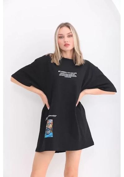 Unisex Bisiklet Yaka Baskılı Oversize T-shirt - Siyah Siyah