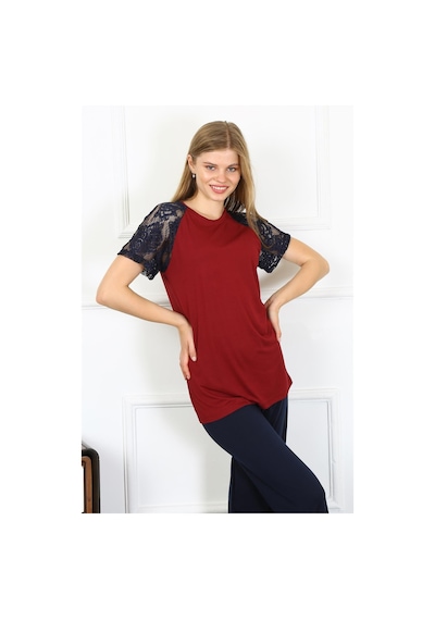 Akbeniz Kadın Kolu Dantelli Penye Pijama Takım 4149 - L Bordo