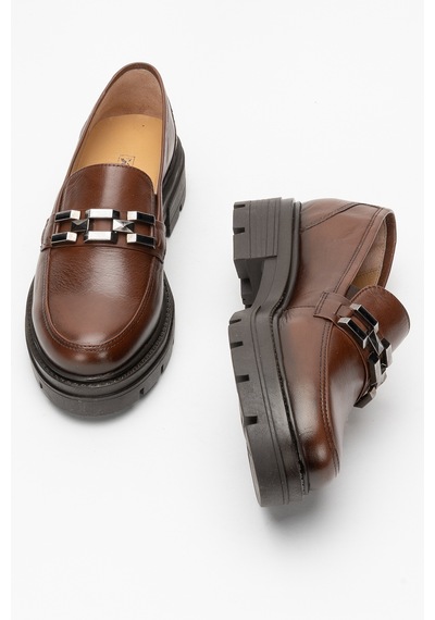 Dericlub Kadın Loafer Kalın Taban Tokalı Makosen Ayakkabı Br 44282 Taba