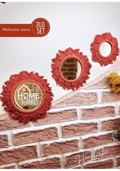 Dekoratif, Iskandinav 3-lü Aynalı Duvar Süsü, Makrome Ayna Seti, Ev, Duvar, Dekoru, Süs Eşyası. Kiremit Diğer