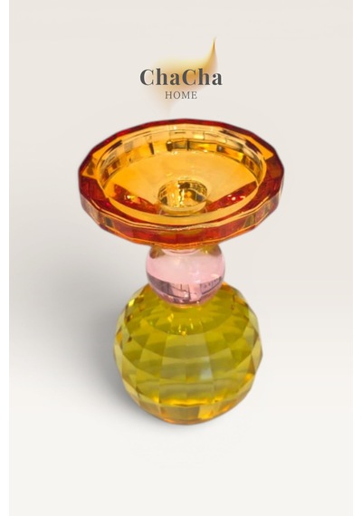 Chacha Home Crsyball Renkli Kristal Mumluk - Dekoratif Cam Şamdan- Büyük Boy - 17x31 Cm Sarı-turuncu
