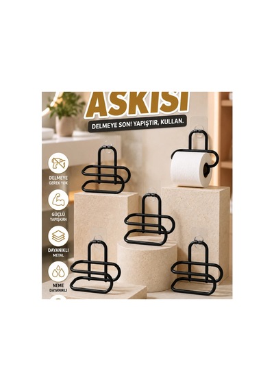 Siyah Metal Yapışkanlı Tuvalet Kağıdı Askısı Delmeden Montaj 5 Li Set Renkli