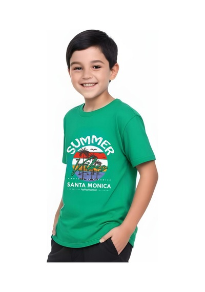 Panios Kids Summer Baskılı Erkek Çocuk Yuvarlak Yaka Kısa Kollu T-shirt Yeşil