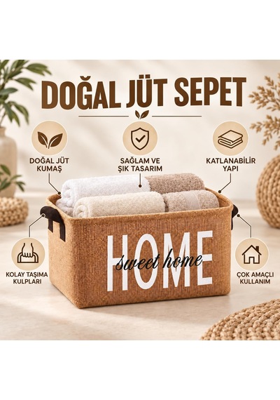 Harmony Home Sweet Home Doğal Jüt Düzenleyici Sepet Katlanabilir, Kulplu, Çok Amaçlı Saklama Kutusu 28 Diğer
