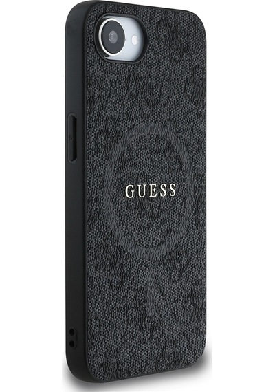 Apple iPhone 16e Uyumlu Kılıf Guess Lisanslı M safe Pu Halkalı 4g Desenli Yazı Logolu Kapak Siyah