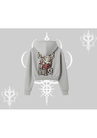 Startmore The Owner Of House Kedi Arka Baskılı Kapşonlu Crop Sweatshirt Gri