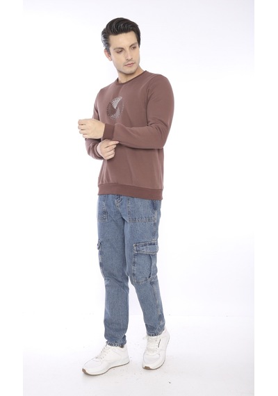 Escetic Erkek Spor Slimfit, Bisiklet Yaka Kahve Sweatshirt-4262 Kahverengi