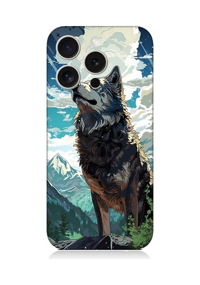Apple Uyumlu iPhone 15 Pro Fantastik Bulutlar Ve Kurt Desenli Silikon Kılıf