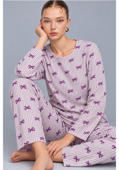 Kadın Çizgili Rahat Desenli İkili Mor Pijama Takımı 4809
