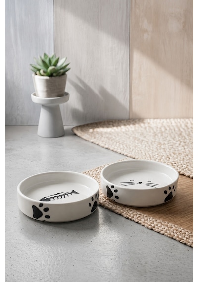 2 Li Seramik Kedi Köpek Mama Ve Su Kabı 13 Cm 300 Ml Pati Ve Kılçık Desenli