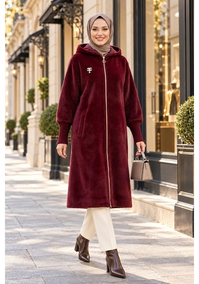 Hb Harma Time Butik Kadın Fermuarlı Kapüşonlu Angora Bordo Kürk Kaban Bordo Bordo