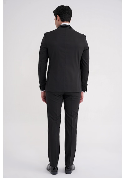 Slim Fit Çıkarılabilir Saten Yaka Tek Düğme Siyah Damatlık Smokin Takım Black 073 Siyah